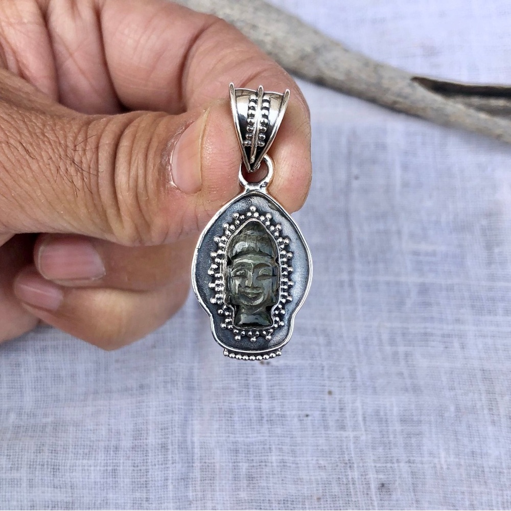 Authentic Moldavite Buddha Pendant, Sterling Silver, hippie, spiritual, boho